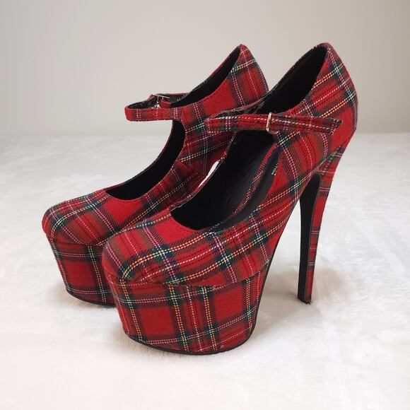 Vintage Y2k Plaid Platform Mary Jane Heels 6 Red 6.5 Inch Heel Height Pleasers - Picture 3 of 10